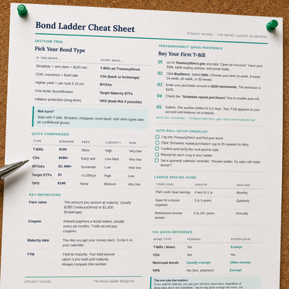 Bond Ladder Cheat Sheet pinned to a corkboard showing the bond type decision tree, quick comparison table, and key definitions