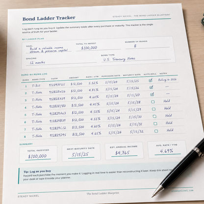 Bond Ladder Tracker worksheet filled in with sample data showing 8 rungs of Treasury notes totaling $100,000 with maturity dates and auto-roll status