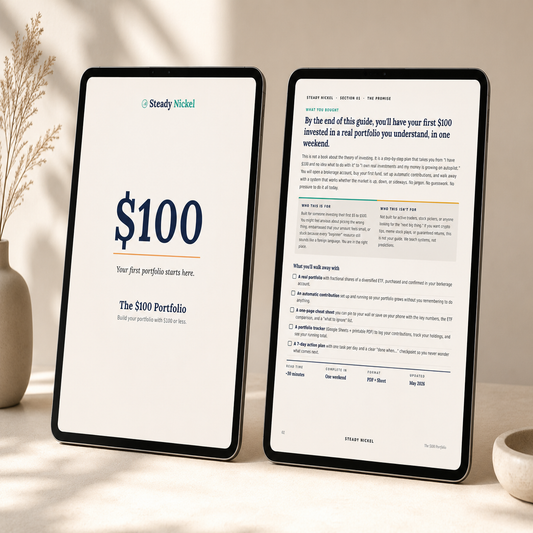 The $100 Portfolio digital guide displayed on two tablets showing the cover page and promise page