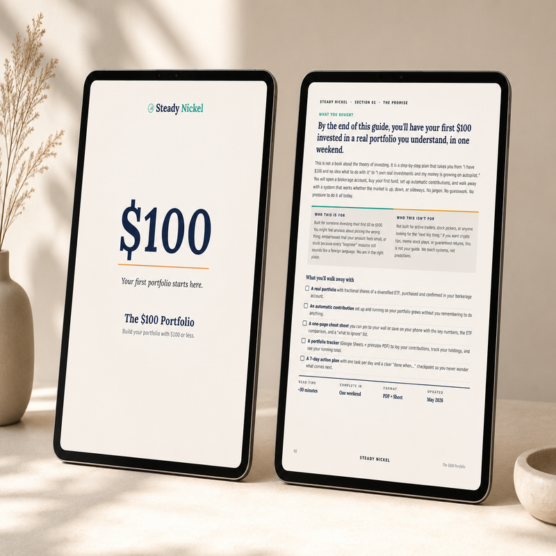The $100 Portfolio guide displayed on two tablets