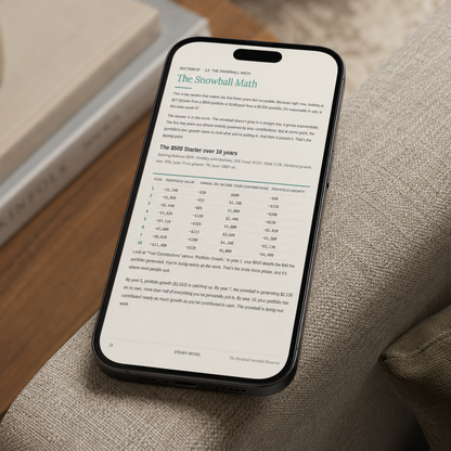 The Snowball Math section displayed on an iPhone showing a 10-year dividend growth projection table for a $500 starter portfolio