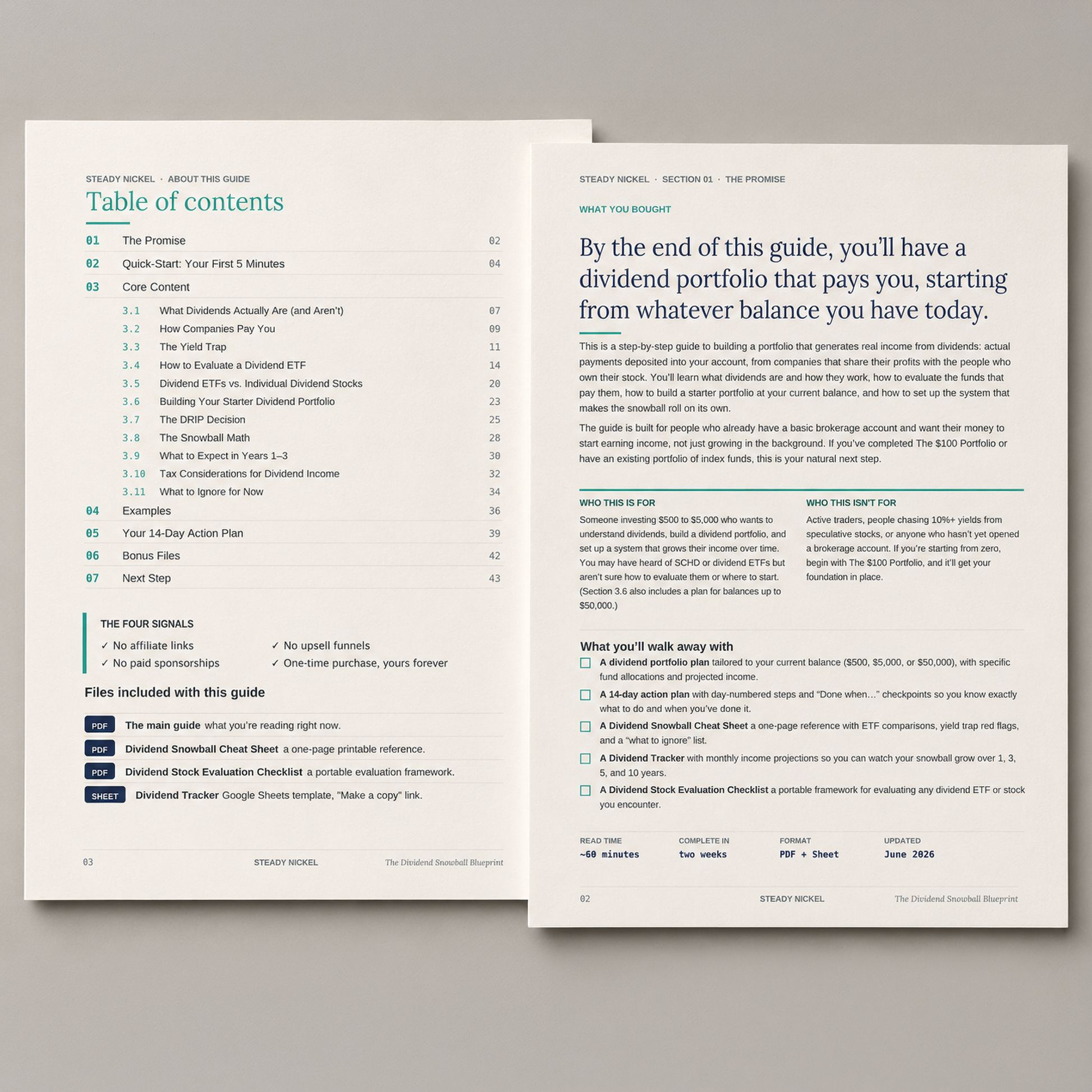 The Dividend Snowball Blueprint digital guide showing the table of contents and promise page with Who This Is For and What You Walk Away With sections