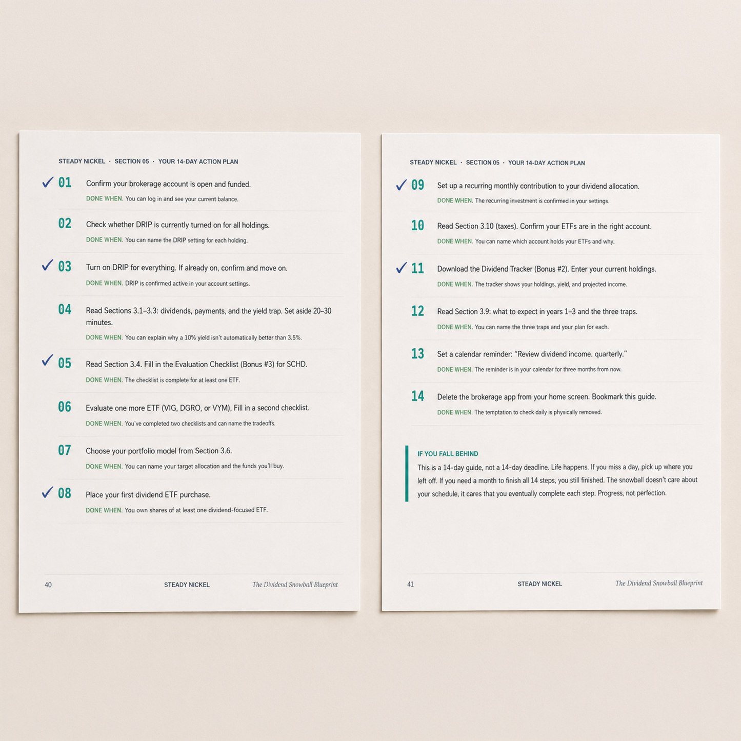 The 14-Day Action Plan from The Dividend Snowball Blueprint showing numbered steps with Done When checkpoints