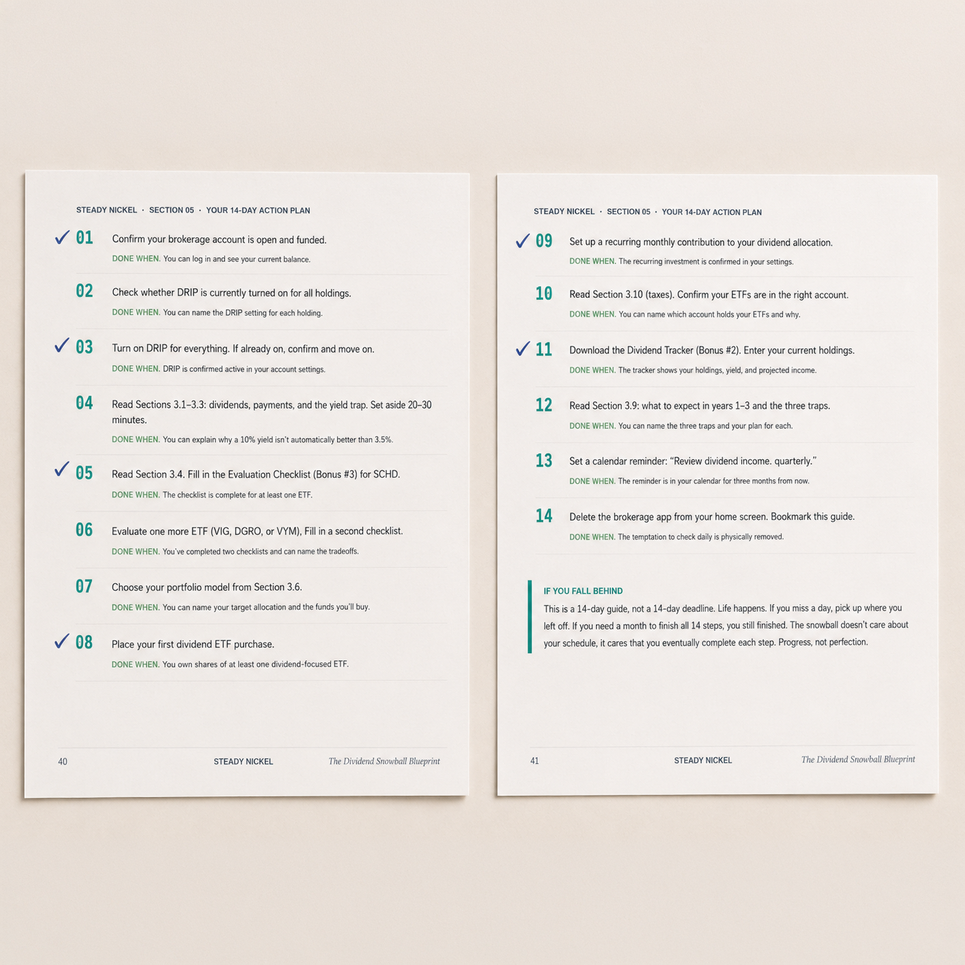 The 14-Day Action Plan from The Dividend Snowball Blueprint showing numbered steps with Done When checkpoints