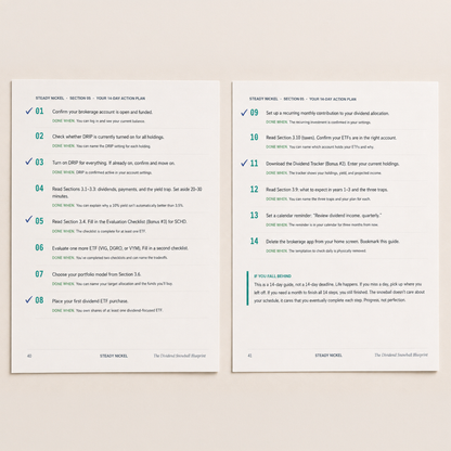 The 14-Day Action Plan from The Dividend Snowball Blueprint showing numbered steps with Done When checkpoints