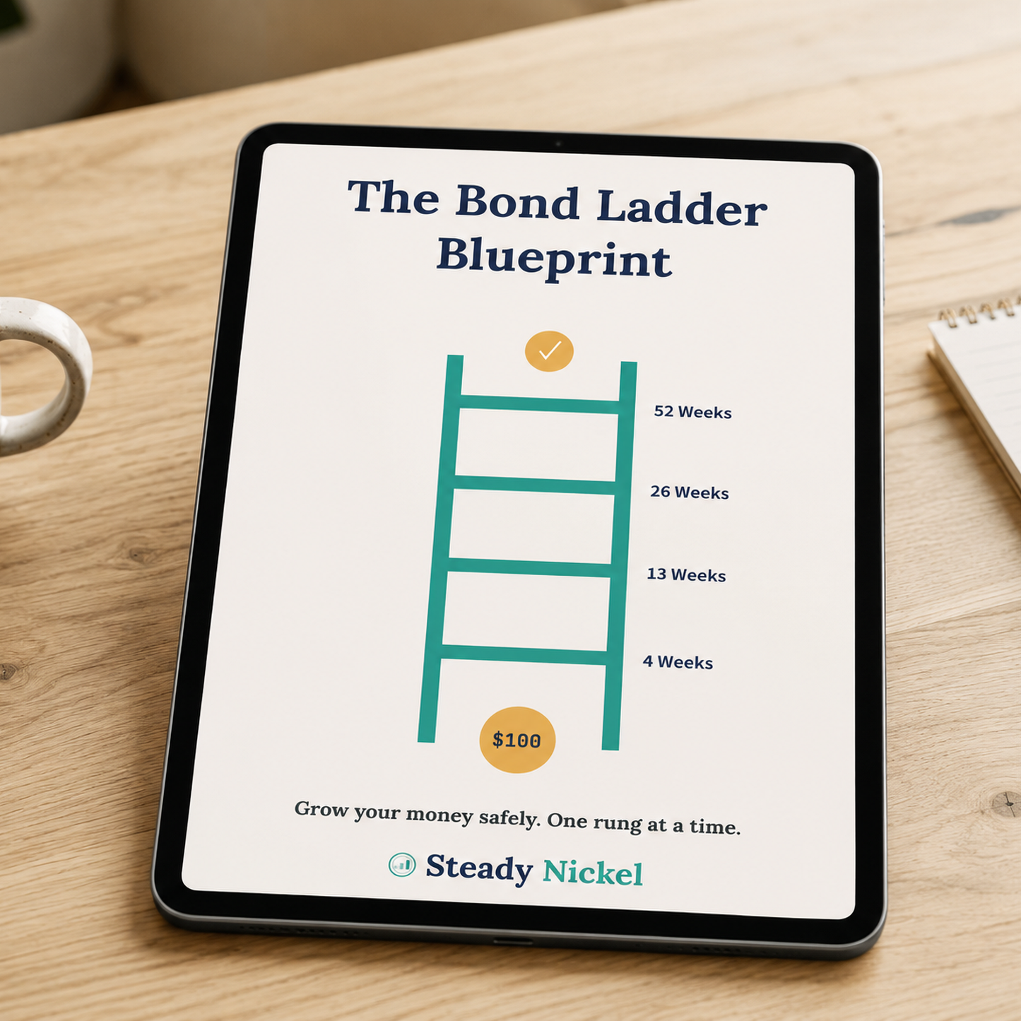 The Bond Ladder Blueprint guide cover displayed on a tablet, showing a ladder graphic with 4-week, 13-week, 26-week, and 52-week rungs and a $100 starting amount