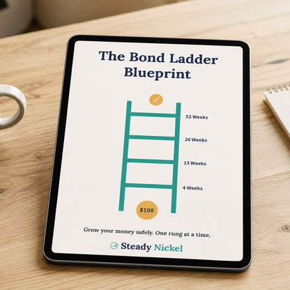 The Bond Ladder Blueprint guide cover displayed on a tablet, showing a ladder graphic with 4-week, 13-week, 26-week, and 52-week rungs and a $100 starting amount