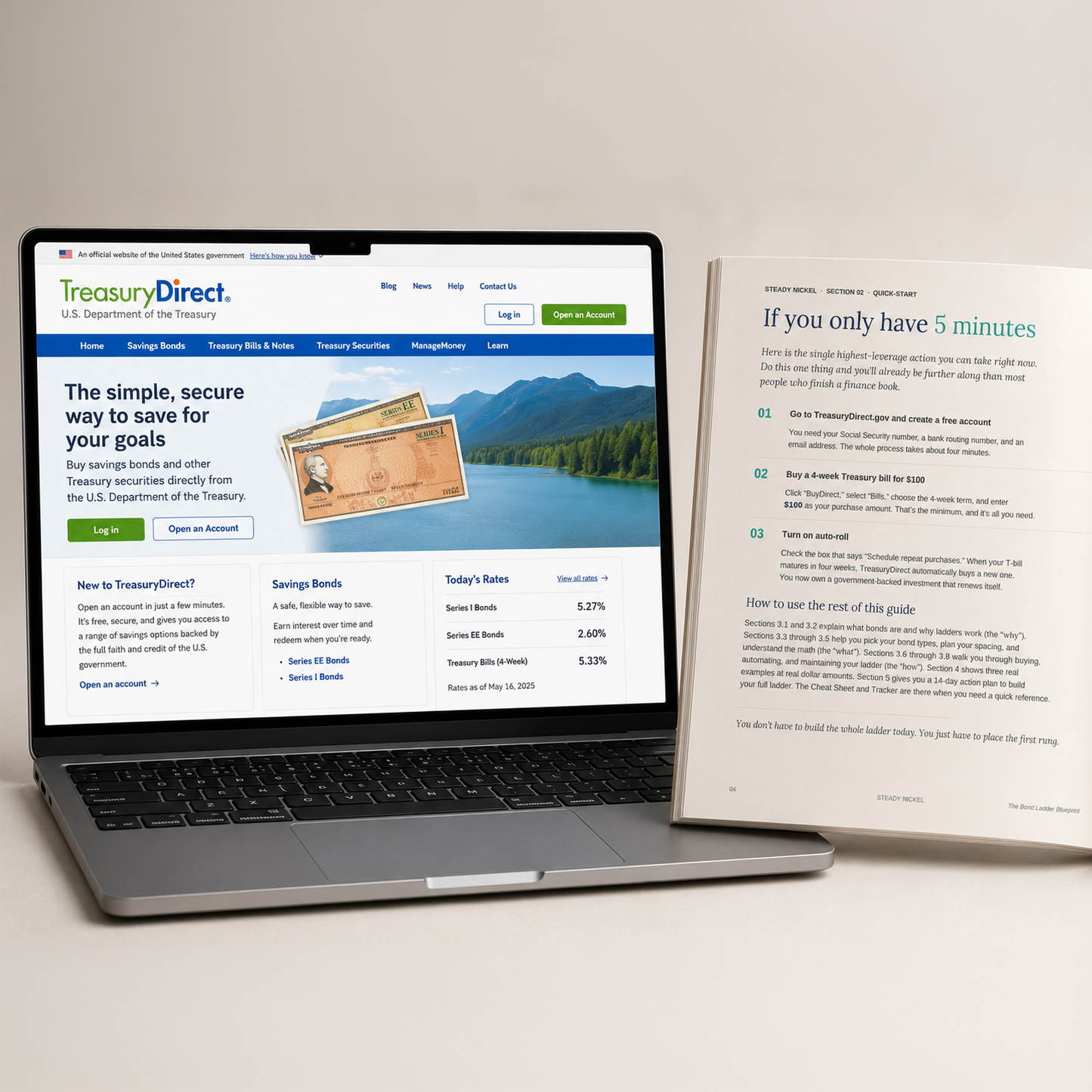 TreasuryDirect.gov website shown on a laptop beside the guide's Quick-Start page explaining how to buy your first Treasury bill in 5 minutes